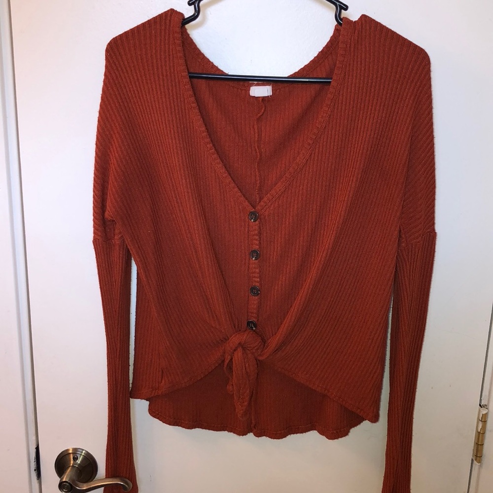 Button up knit sweater, tie at bottom